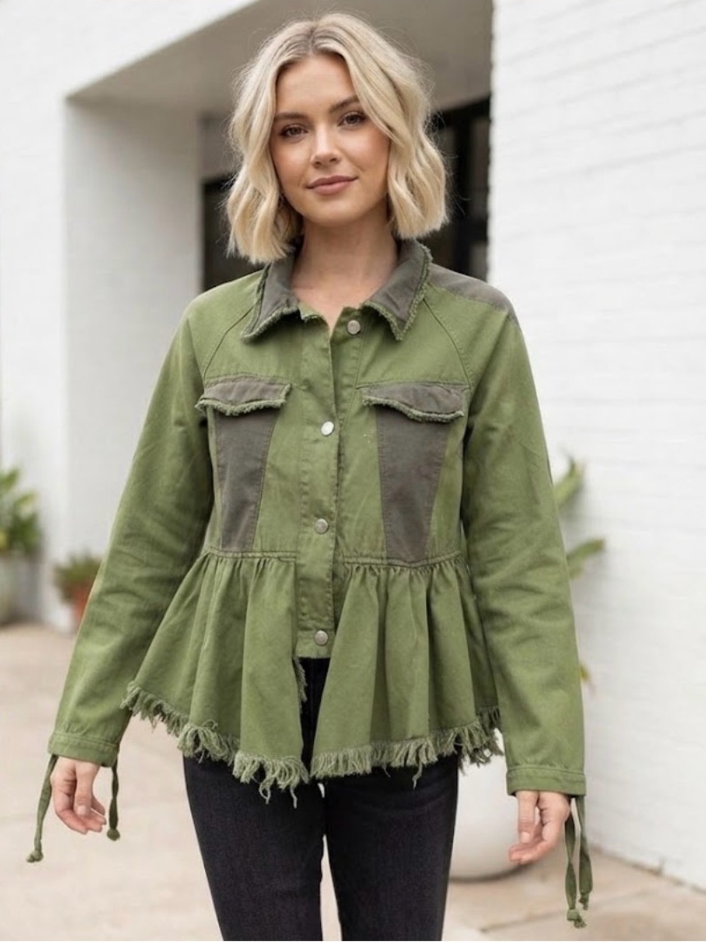 Jakett NY Two-Tone Olive Raw Edge Tie Sleeve Military Peplum Cotton Jacket M